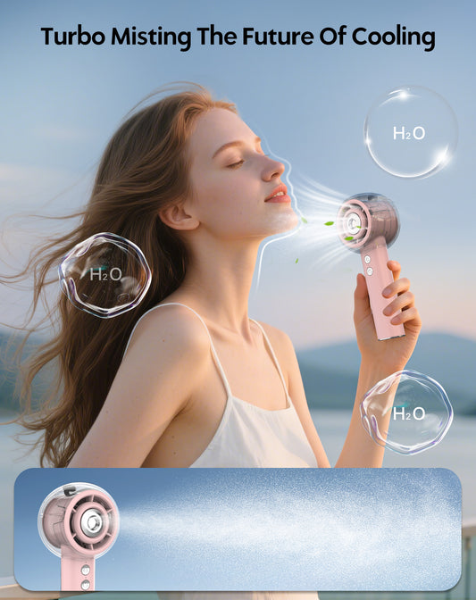 Portable Misting Fan, Handheld Turbo Fan with Mist, 6000mAh Battery Rechargeable Personal Fans Mister 4-Speed, 25ml Water Spray Tank, Gifts for Women Men Home Office Travel Outdoor Camping